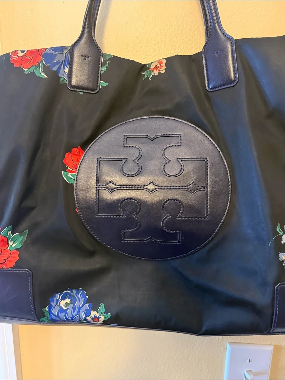 Tory Burch Ella Black Floral Nylon Logo Tote